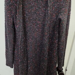 Halogen Black Bouclé Open Cardigan with Red and Purple Flecks